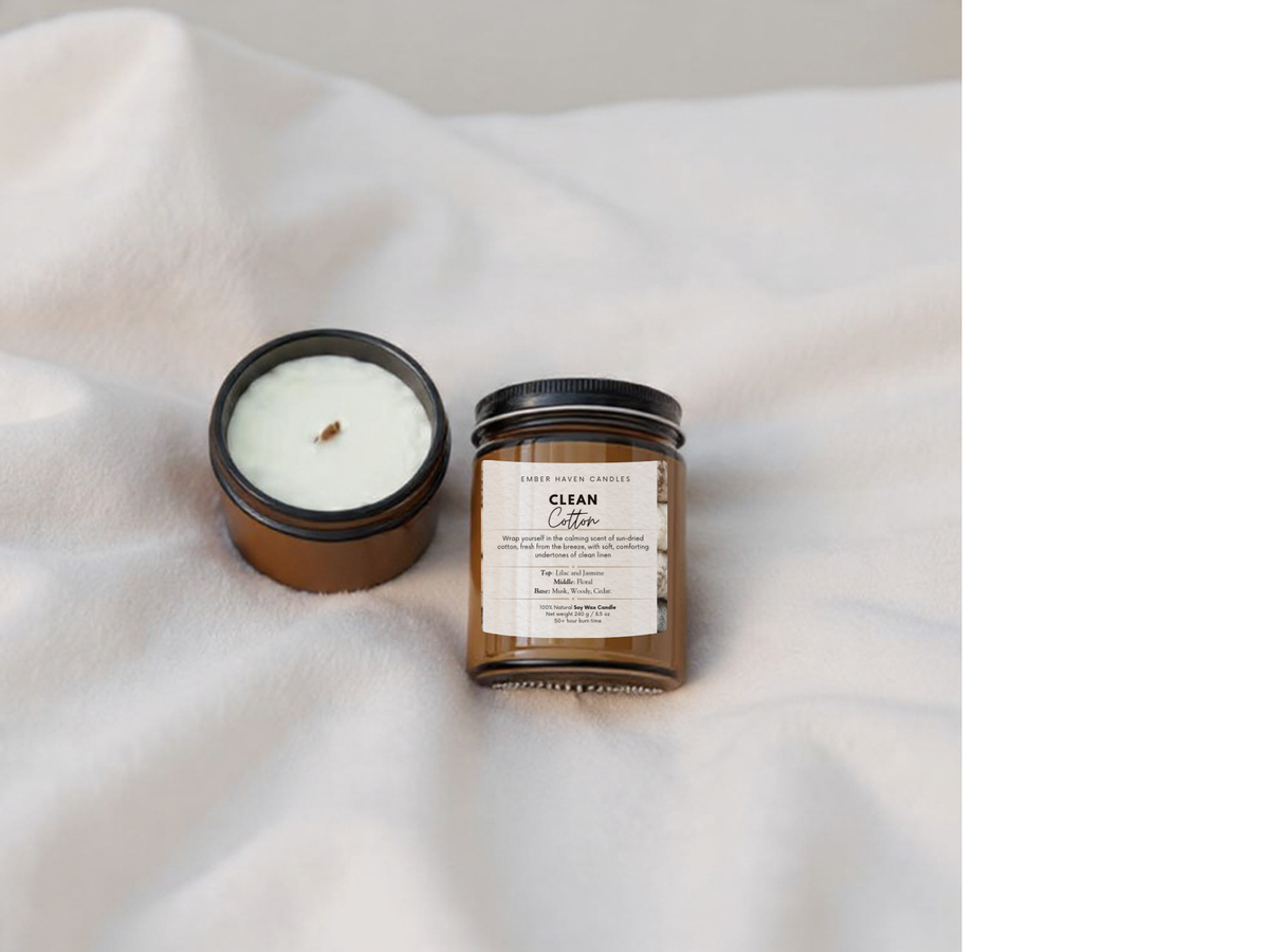 Clean Cotton wood wick candle by Ember Haven Candles