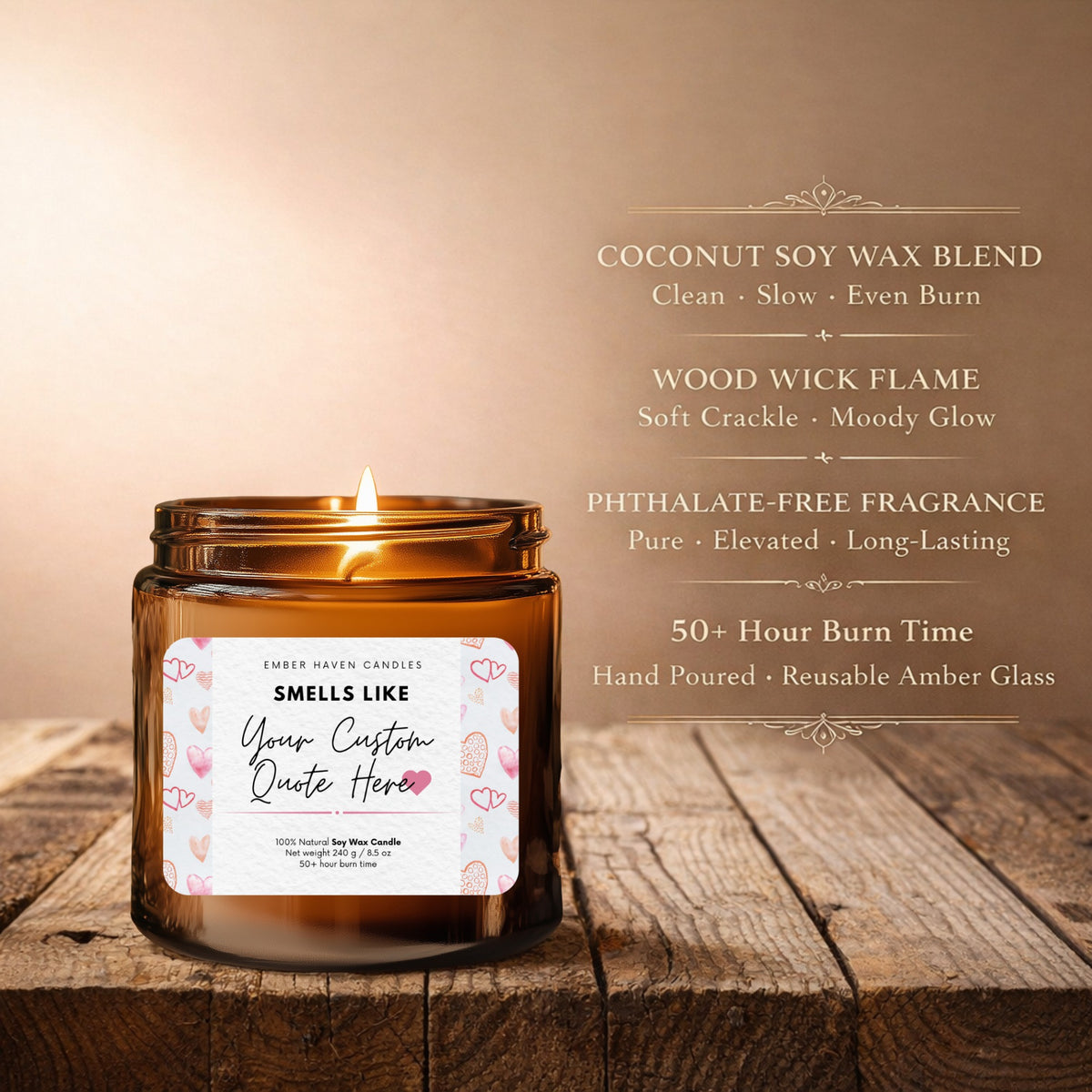 Custom quote candle by Ember Haven Candles with a personalized label, warm wax, and a cozy ambiance.