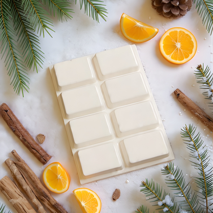 Arabian Nights Wax Melts displayed with pine, citrus oranges, and wood elements – Ember Haven Candles”