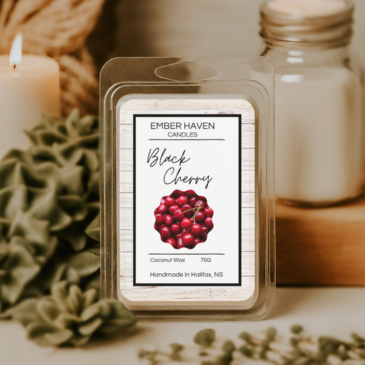 Ember Haven Candles Black Cherry wax melt packaging with a candle and jar in the background