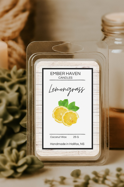 Ember Haven Candles Lemongrass wax melt packaging with a candle and jar in the background