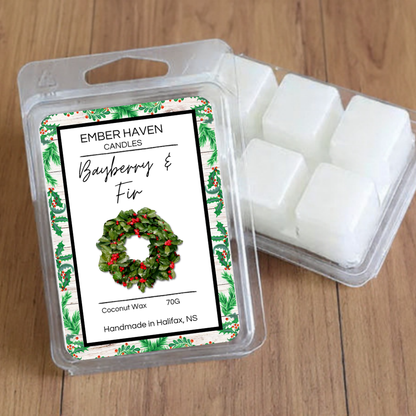 Bayberry Fir wax melts by Ember Haven Candles, showing a 70g package with wax melts in a cozy, festive scene.