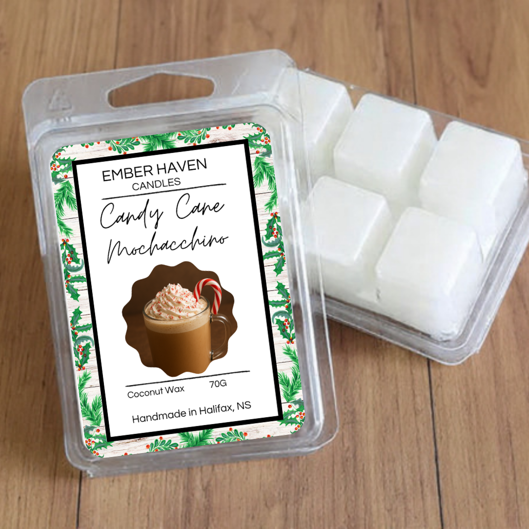 Candy Cane Peppermint Mocha wax melts by Ember Haven Candles, showing festive red and white wax pieces in a clear container.