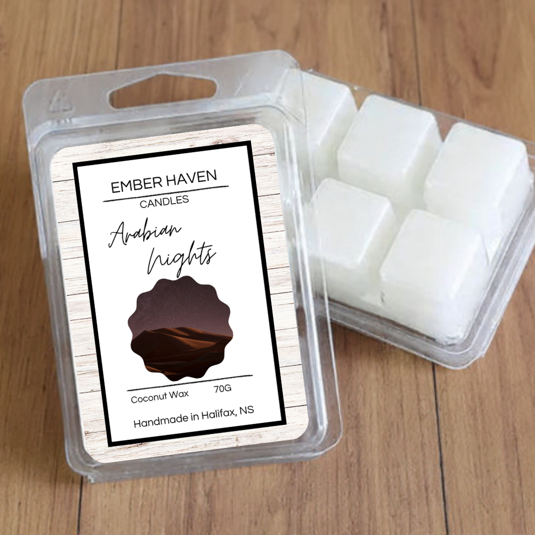 Arabian Nights wax melts by Ember Haven Candles, 70g, featuring warm, exotic fragrance in a set of three wax melt pieces.