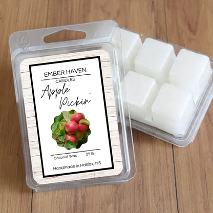 Apple Pickin’ Wax Melts by Ember Haven Candles, 70g, with colorful wax melt pieces in a cozy autumn-themed display.