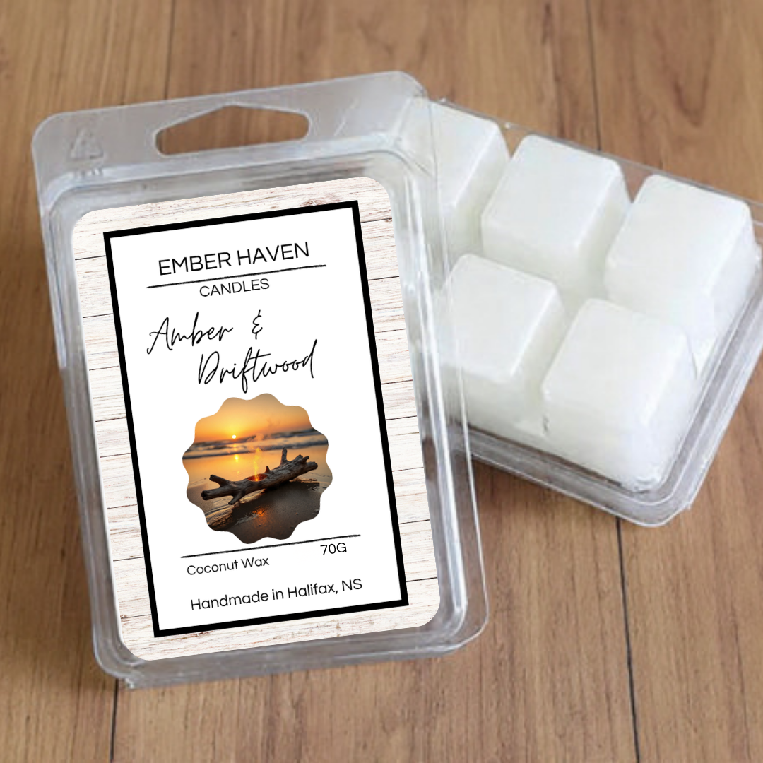 Amber and driftwood scented wax melts from Ember Haven Candles, showcased in a 70g package with warm, earthy tones.