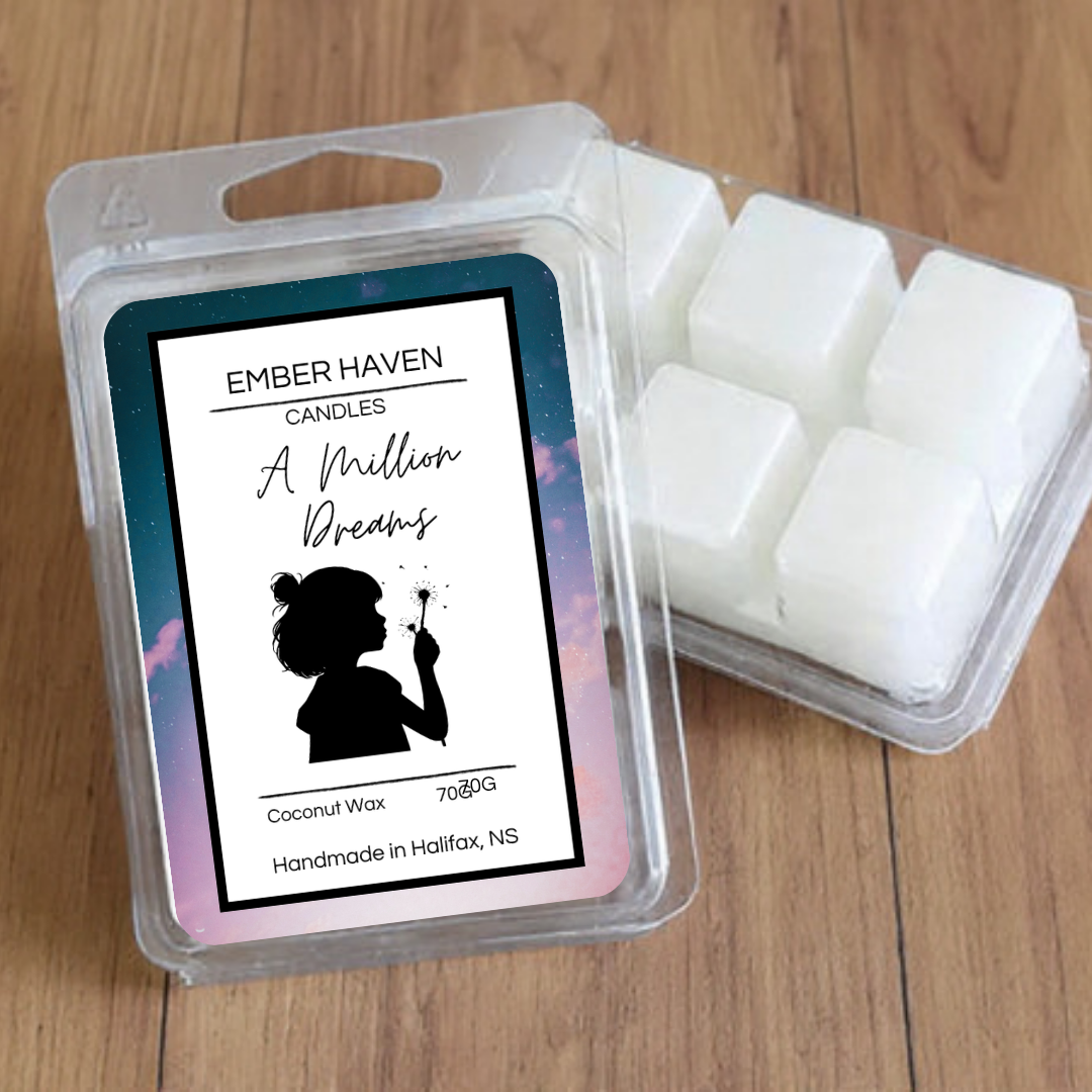 A set of six Ember Haven Candles A Million Dreams wax melts in 70g packages, displayed in mockup images.