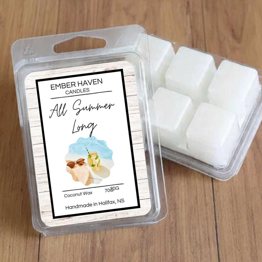 Ember Haven Candles All Summer Long wax melts in a 70g package, showcasing colorful wax pieces for home fragrance.