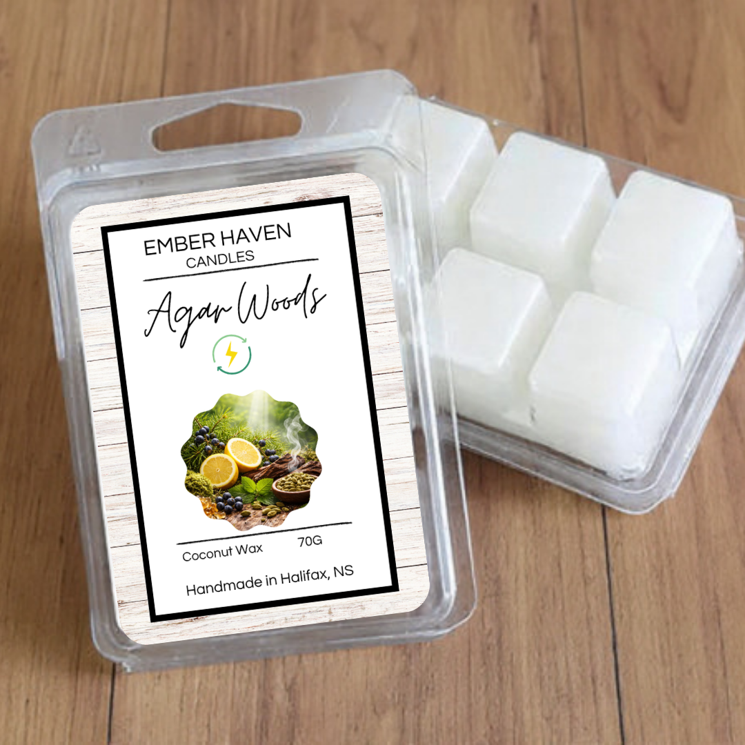 Agar wood wax melts in a 70g package from Ember Haven Candles, featuring warm, earthy scent and natural product presentation.