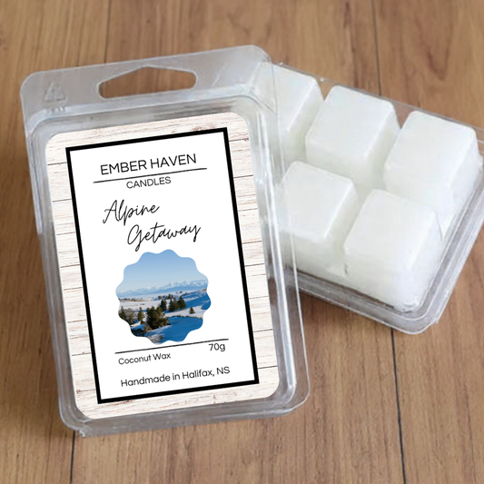 Alpine Getaway wax melts from Ember Haven Candles, 70g, showcasing a set of cozy, aromatic wax melts in a warm, inviting packaging.